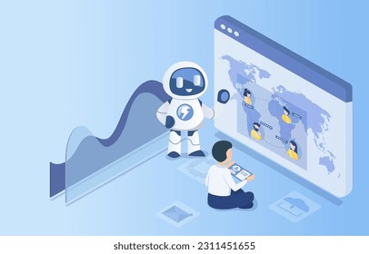 AI robot displayed on the screen offers a connection between business people around the world. Online network virtual presentation of AI technology in modern business. Vector illustration.