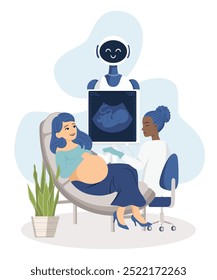 AI Robot Doctor con pantalla ayuda a cuidar a la mujer embarazada. Asistente médico futurista en un hospital. El ginecólogo examina a una mujer embarazada. Inteligencia artificial. Ilustración vectorial