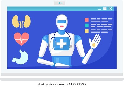 AI robot doctor on computer screen with medical icons. Digital healthcare and virtual medical assistant concept. Robot with stethoscope online consultation vector illustration.