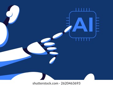 Robô AI fazendo Inteligência Cibernética, Aprendizagem profunda de máquina. Conceito de cérebro digital tecnológico. Ilustração de vetor plano.