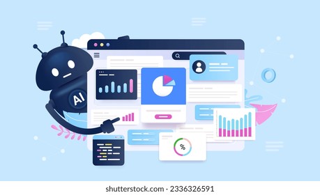 AI robot doing digital online work - Artificial intelligence character working and doing tasks. Vector cartoon illustration