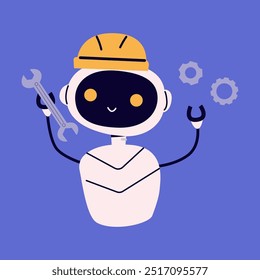 Ai robot doing repair work flat illustration. Artificial intelligence support. Chat bot or ai for work vector illustration. Cute robot clip art.