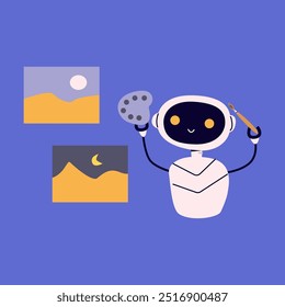 Ai robot drawing flat illustration. Artificial intelligence for create paint image. Chat bot or ai for drawing work vector illustration. Cute robot with brush and palette