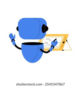 AI Robot Drawing On Digital Tablet In Flat Vector Illustration Symbolizing Artificial Intelligence In Creative Fields, Isolated On White Background