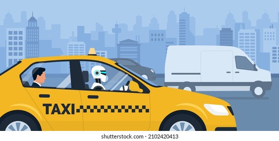 AI robot driving a taxi in the city street and passenger sitting in the back seat of the car