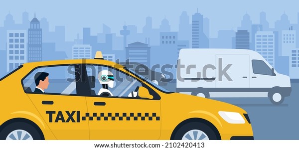 AI robot driving a taxi in the\
city street and passenger sitting in the back seat of the\
car