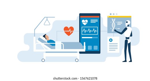 AI Robot Examining A Patient In The Hospital Using Medical Applications, Innovative Healthcare Concept