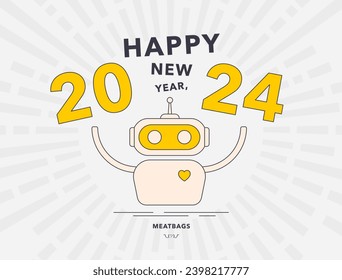 AI Robot extends warm 2024 wishes for a Happy New Year and Merry Christmas 2024. Greeting card with robot holding 2024 numbers, celebrating new year in its characteristic manner. Vector illustration svg