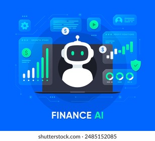 KI-Roboter im Finanzdienst. Künstliche Intelligenz mit Charts und Banktechnologien. Die Zukunft der Finanzdienstleistungen. Vektorillustration