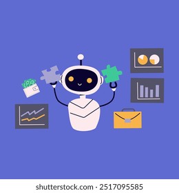 Ai robot for finance work flat illustration. Artificial intelligence with money, trading concept. Chat bot or ai for work vector illustration. Cute robot with diagram finance icons.