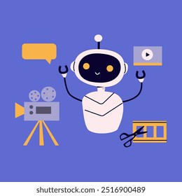 Ai robot flat illustration. Artificial intelligence video editor. Ai tools for video vector illustration. Cute robot clip art.