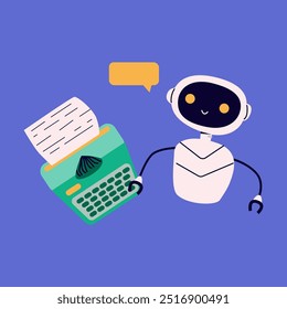 Ai robot flat illustration. Artificial intelligence in writing work. Chat bot or ai for writing text work vector illustration. Cute robot clip art.