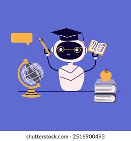 Ai robot flat illustration with globe and pen, books and apple. Artificial intelligence for education. Chat bot online or ai for school work vector illustration. Cute robot in student hat