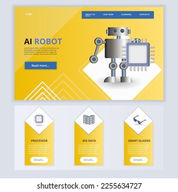 AI Robot flache Landing Page Website-Vorlage. Prozessor, Big Data, intelligente Brille. Webbanner mit Header, Inhalt und Fußzeile. Vektorgrafik.