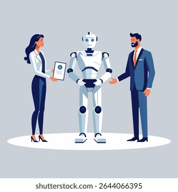 Ai robot gets an employee of the month award from a business person for a digital transformation or acceleration concept as artificial intelligence and technology takes over or replaces human talent