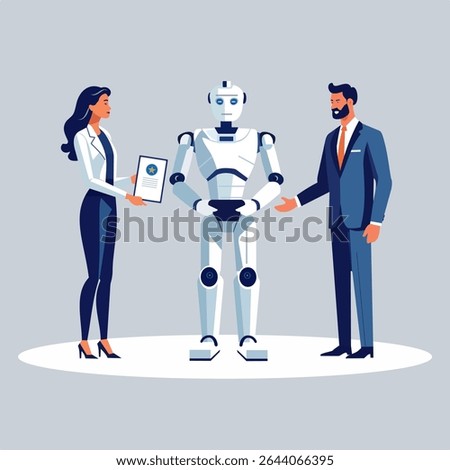 Ai robot gets an employee of the month award from a business person for a digital transformation or acceleration concept as artificial intelligence and technology takes over or replaces human talent
