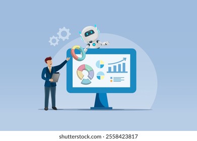 AI robot gives analyzing business graph to businessman. Smart working with artificial intelligence technology analyzing business data information and develop smart solution.