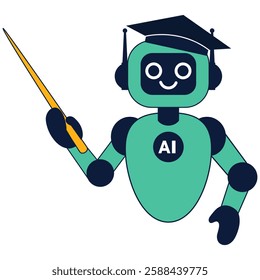 AI robot in a graduation cap with a pointer in his hands