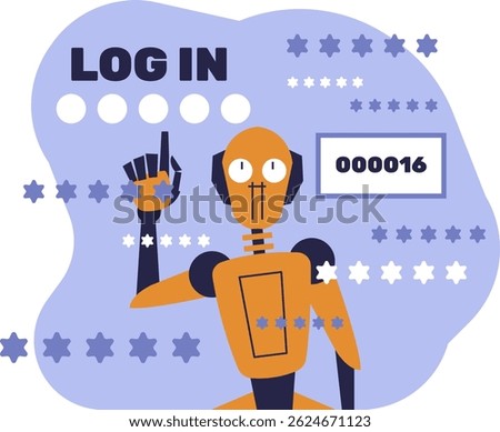 AI robot hacking user account — artificial intelligence cracking password, cybersecurity threat, cartoon bot brute force attack, digital data breach concept.
