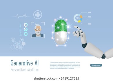 AI robot hand generate personalized medicine for senior patient. Artificial Intelligence technology for medical and pharmaceutical research. Vector.