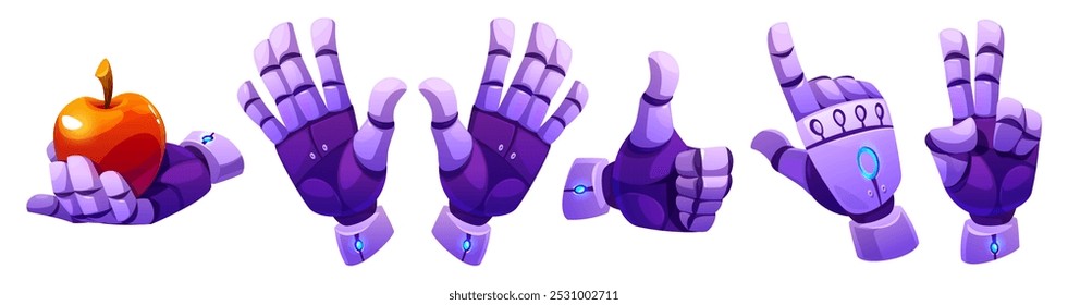 Ai robot hand gesture icon set. Virtual mechanical arm point and thumb up finger position. Futuristic cyber prosthetic engineering technology. Artificial intelligence peace element for game cartoon