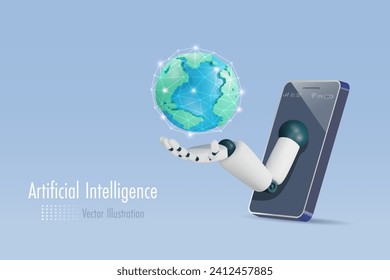 El mundo de la mano robot con conexión de red en la pantalla del smartphone. La robótica artificial de inteligencia y la tecnología chatbot influyen en las tendencias mundiales. Caricatura vectorial 3D.