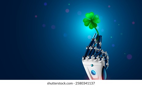 AI robot hand holds a four-leaf clover, symbol of good luck. Online bot brings good luck on betting, gambling and trading exchanges. Four leaf clover in arm humanoid cyborg or ai robot. internet bot.