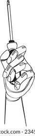 AI Robot Hand with Screwdriver: One-Line Cartoon Vector, Sleek AI Robot Hand Holding Screwdriver: Single-Line Illustration, Techy Robot Hand Sketch with Screwdriver