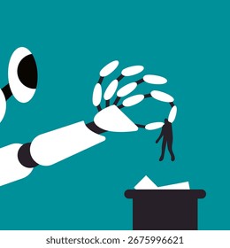 AI Robot mão jogando humano para a lata de lixo. Ilustração do vetor do problema do desemprego.