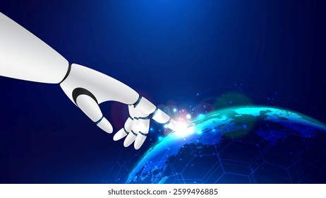 AI robot hand touching Earth globe with digital technology blue background. Artificial intelligence and marketing in business. Featuring light effects and futuristic AI concept. Vector illustration.