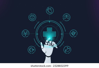 Robot de IA pulsando el botón del holograma con el icono del hospital y el órgano interno. Ilustración conceptual sobre el uso de la tecnología de inteligencia artificial para ayudar a tratar a los pacientes.