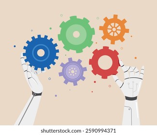 AI robot hands with gears. Business industry robot factory concept. Concept for technology, industrial and teamwork with technology. 