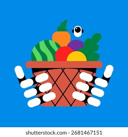 AI Robot Hands Holding Basket of Fresh Food. Futuristic Grocery Delivery and Healthy Eating Concept. Vector Illustration.