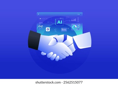 Ai Robot Handshake Collaboration, Future of Digital data application and platform dashboard, human partnership with artificial intelligence