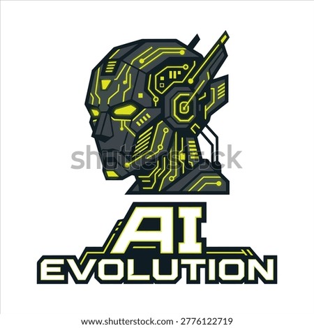 Ai robot head with circuit board details and text AI evolution artificial intelligence digital art sci fi evolution technology cyberpunk computer illustration automation intelligence