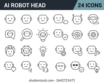 AI Robot Head Line Editable Icons Set. Includes Emotions, Chat, Security, Brain, Settings, Tools, Ideas and More. Vector Illustration.	
