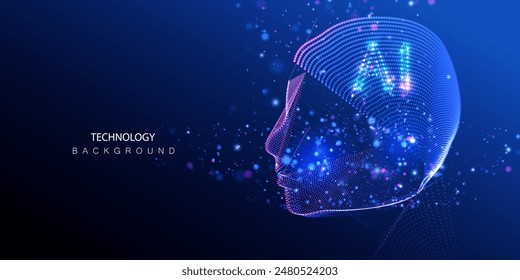 Ai robot head technology background in particles dots and neon lines style. Artificial Intelligence android face vector design. Futuristic virtual brain innovation bot.	
