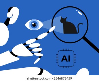 AI Robot health scanner for pets. Tracking cat health. Artificial Intelligence vision. Flat vector illustration.