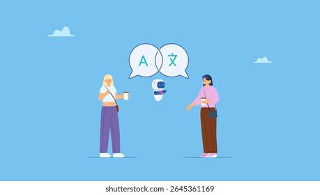AI robot help people communicate by converting foreign international language symbols. Language learning, translation or international communication, global or multilingual education.