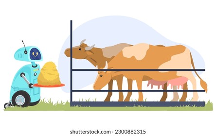 AI robot helper assisting at farmyard livestock feeding cow at stall holding hay on tray vector illustration. Smart automated farming and artificial intelligence technology concept