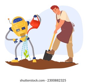 AI Robot helping man farmer in planting process in garden vector illustration. Automated farm life, innovative future technologies and smart farming concept