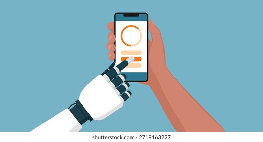 AI robot helping a man using a smartphone app: AI agents and automation concept