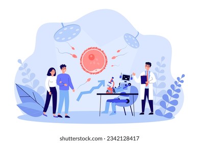 Robot de IA que ayuda a tratar la ilustración del vector de infertilidad. Científicos estudiando espermatozoa, explicando el tratamiento a parejas felices que quieren producir niños. Inteligencia artificial, concepto de medicina