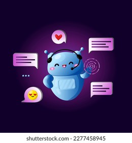 Ai robot helps uoy in your mobile. Artificial intelligence technology. Online support assistance in your device. Chat bot mascot with messages