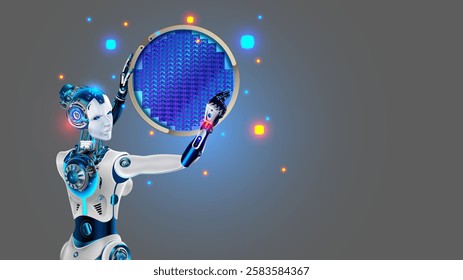 AI robot hold semiconductor wafer on factory. Robot woman with artificial intelligence or AI on electronics semiconductor chip factory. Silicon wafer. AI robot technology in industrial revolution.