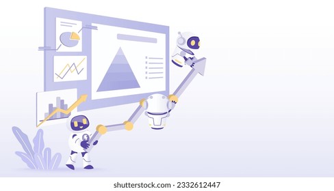 Ai robot holding arrow pointing to growth management strategy, tactical plan, marketing report, analysis database. Flat vector design illustration with copy space.