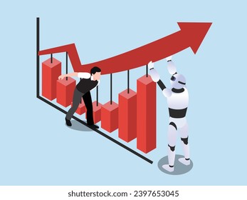 Ai robot holding arrow pointing to growth management strategy 3d isometric vector concept for landing page, banner, illustration