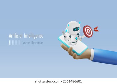 AI robot holding business target on smartphone in businessman hand. Smart working with artificial intelligence technology analyzing business marketing target and develop smart solution. 3D vector.