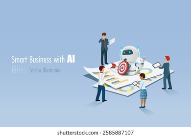 AI robot holding marketing target on business report with business team. Smart working with artificial intelligence technology analyzing business data and develop smart solution. 3D Vector.