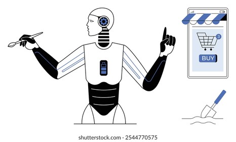 Robot de IA que sostiene el lápiz óptico e interactúa con la interfaz de comercio electrónico mientras que la herramienta de construcción descansa cerca Temas ideales para inteligencia artificial, comercio electrónico, tecnología, automatización, diseño moderno